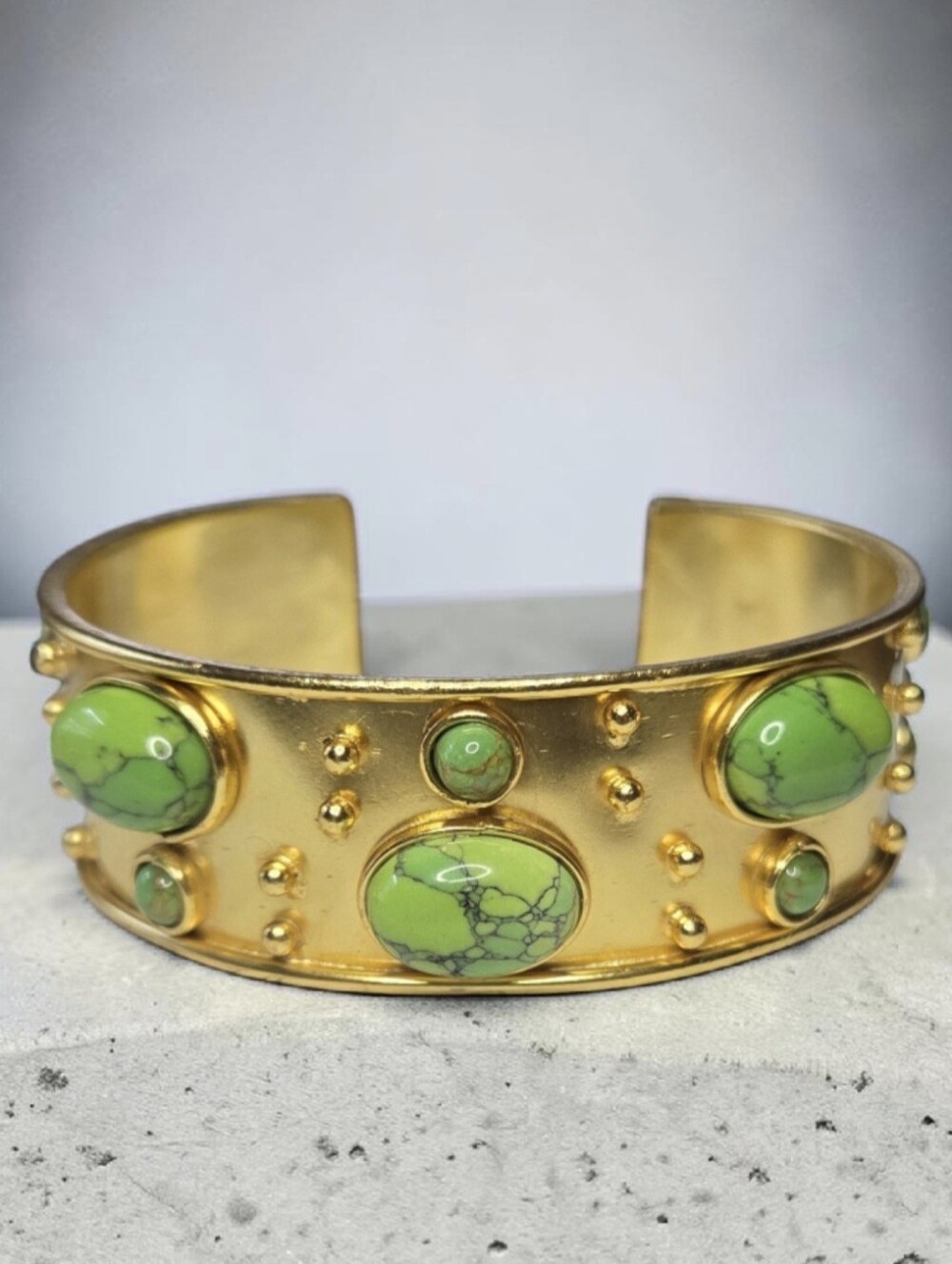 Gold Plated Artisan Rare Gaspeite Natural Stone Etruscan Byzantine Cuff Bracelet